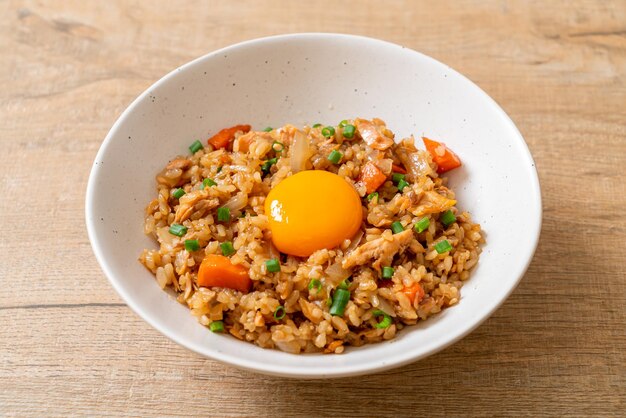 salmon fried rice with pickled egg on top