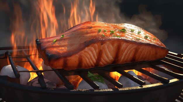 Photo a salmon grill is shown on a fire.