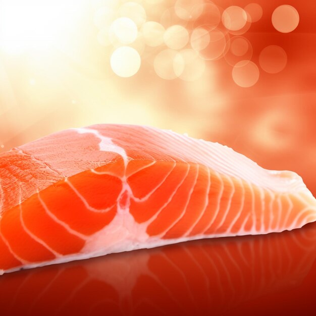 A salmon is shown on a red background with a light in the background