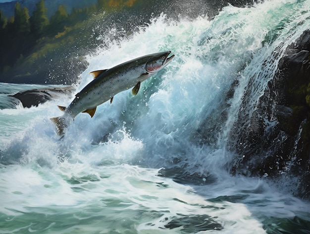 Photo salmon jumping waterfall alaska