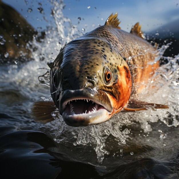 Foto una fotografia generativa in primo piano di un salmone che salta