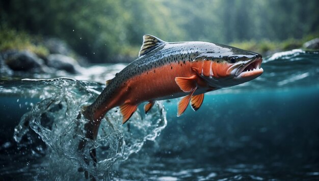 Foto un salmone salta energicamente dalle acque di un fiume con uno spruzzo dinamico