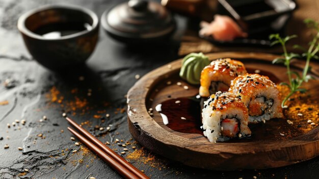 Salmon maki roll with red caviar on dark background