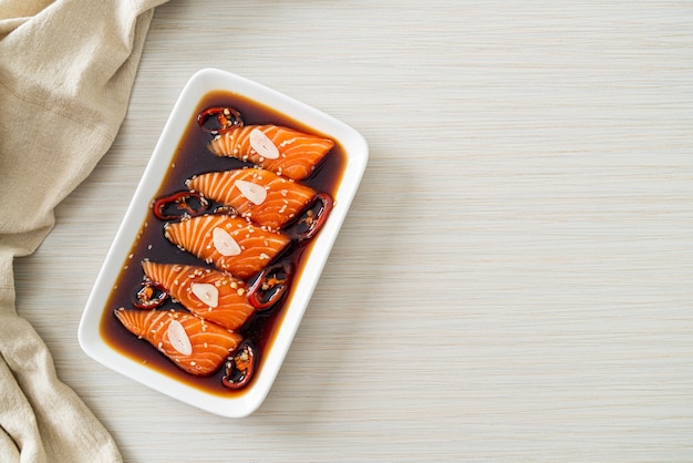 Salmon marinated shoyu or salmon pickled soy sauce in Korean style