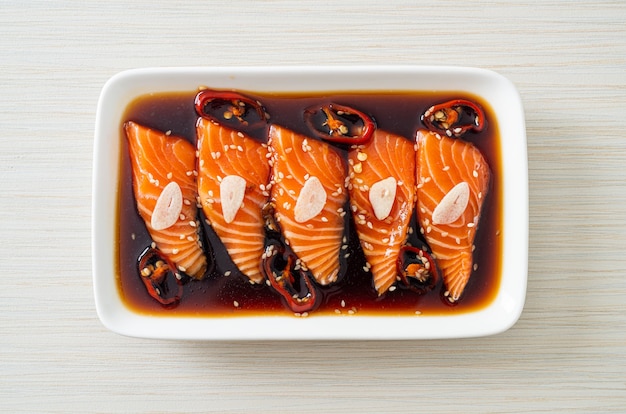 Salmon marinated shoyu or salmon pickled soy sauce in Korean style