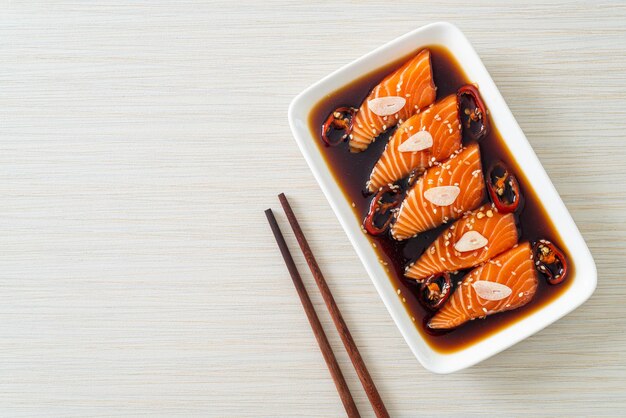 Salmon marinated shoyu or salmon pickled soy sauce in Korean style