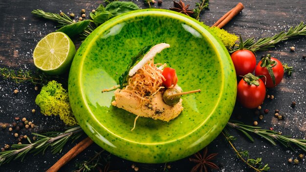 Salmon Paste and Fresh Vegetables on Toast Bread Cold snacks On a black wooden background Copy space