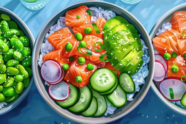 Salmon poke bowl with avocado and edamame beans