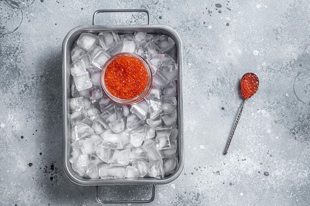 Salmon red caviar in glass jar standing in tray with ice cubes Gray background Top view