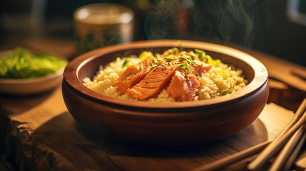 Salmon rice in the wooden plate on the table sunlight Generative Ai