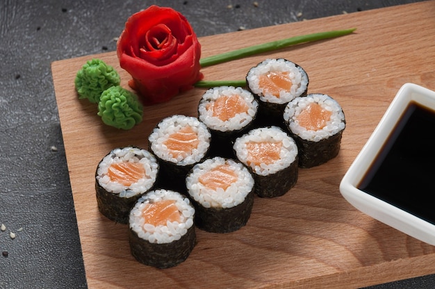 Salmon rolls in nori seaweed with soy sauce