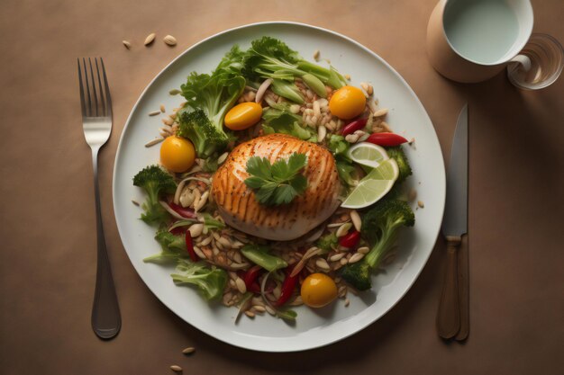 Salmon salad with mixed greens and pine nuts on a brown background generative ai