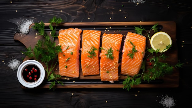 Photo salmon sashimi served with funchosa lemon and soy sauce on wooden table flat lay top view