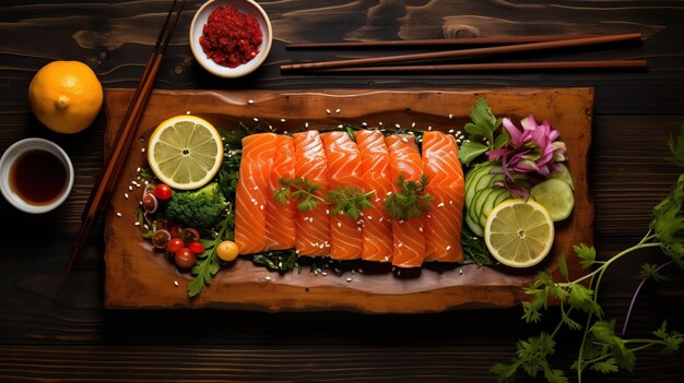 Salmon sashimi served with funchosa lemon and soy sauce on wooden table flat lay top view