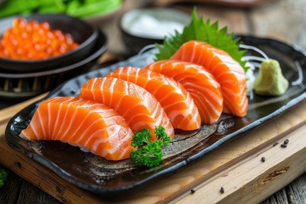 salmon sashimi on table