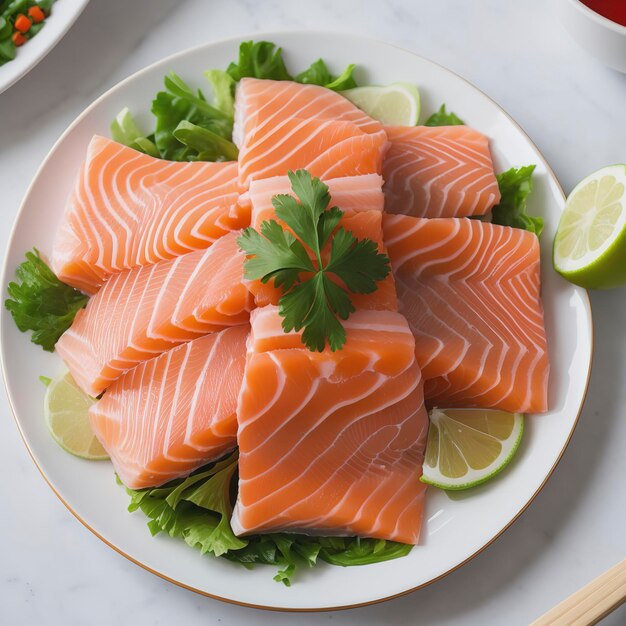 Salmon sashimi on white plate