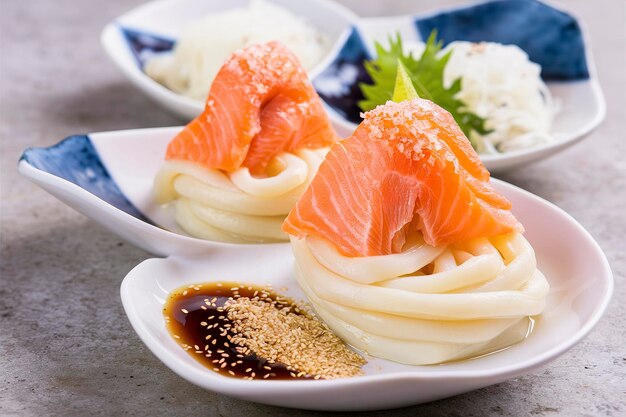 Photo salmon sashimi with nori salt and udon noodle knots