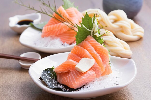 Photo salmon sashimi with nori salt and udon noodle knots