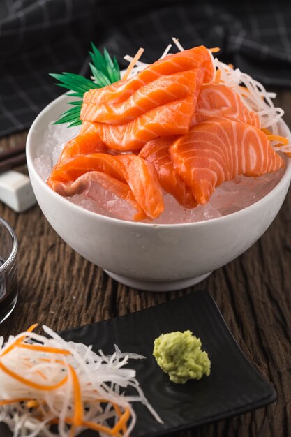 Salmon Sashimi on wooden table