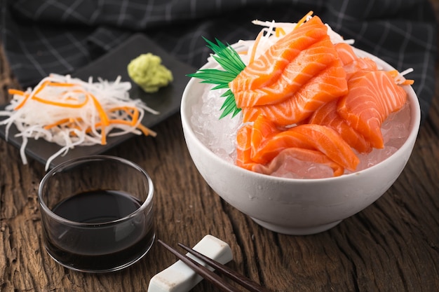 Salmon Sashimi on wooden table