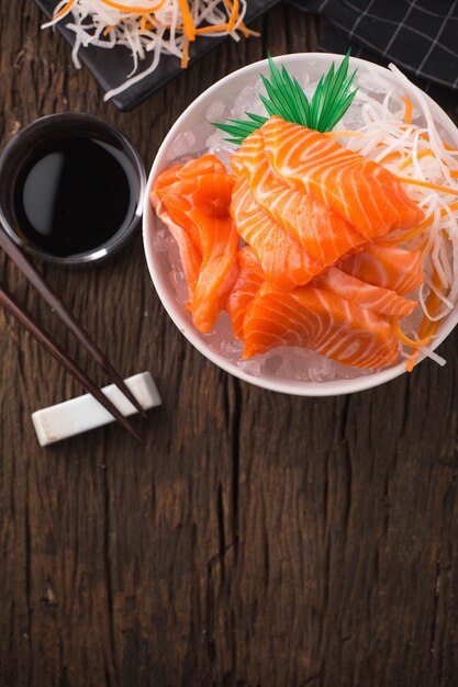 Salmon Sashimi on wooden table