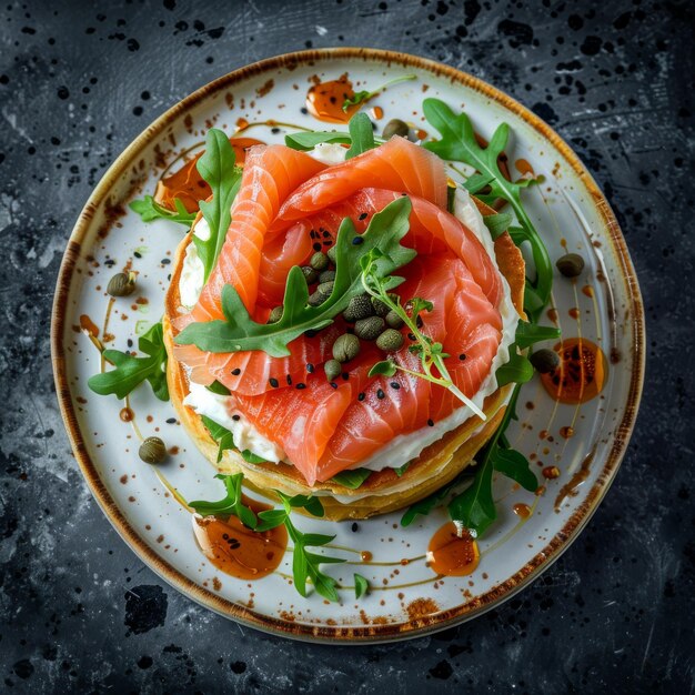 Salmon Slices Millefeuille with Cream Cheese Mousse Arugula and Capers Exquisite Trout Sashimi