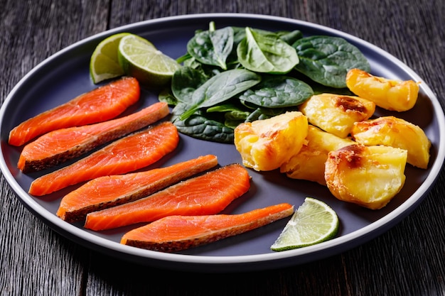 Salmon slices with spinach leaves roast potatoes