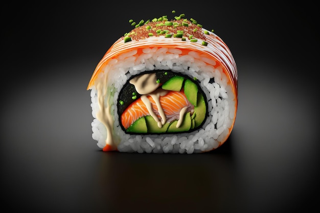 Salmon smoked eel avocado and cream cheese on a sushi roll in Philadelphia against a dark background menu of sushi Japanese cuisine