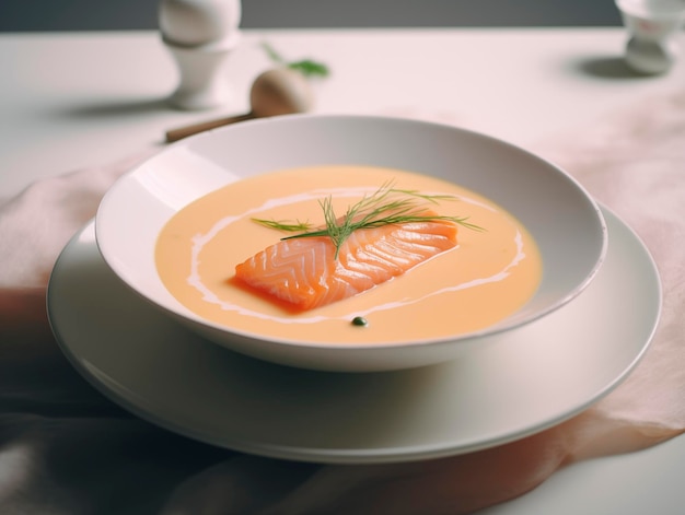Photo salmon soup on the white plate