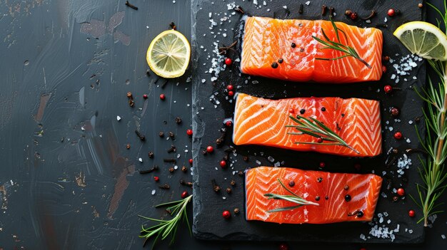 Salmon and spices on stone table