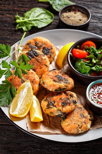 Salmon and spinach fish cakes with fresh vegetable salad, lemon wedges and sweet chili sauce on a plate on a wooden table