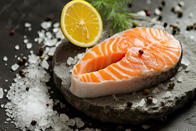 salmon steak on the bonesalmon steak on salt stone table