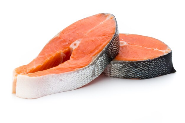 Salmon steak close-up isolated on white background