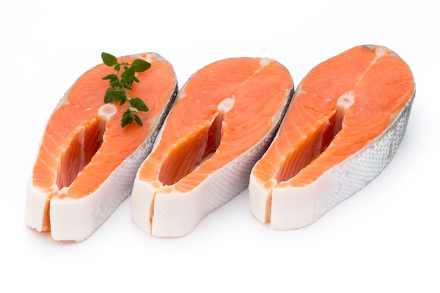 Salmon steak close-up isolated on white background