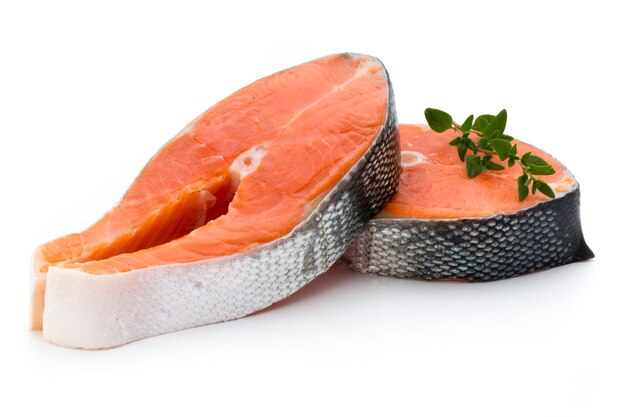 Salmon steak close-up isolated on white 