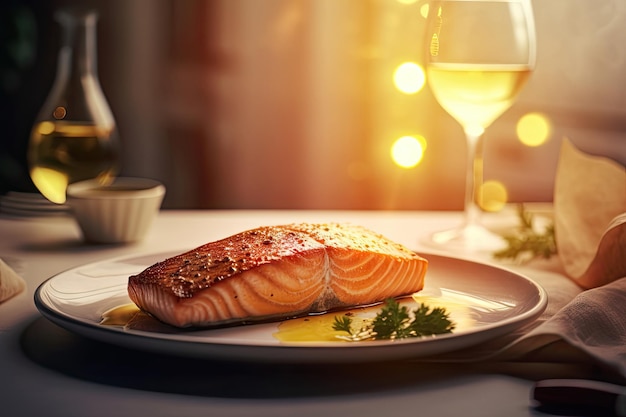 Salmon steak on the dish with white wine on wood table