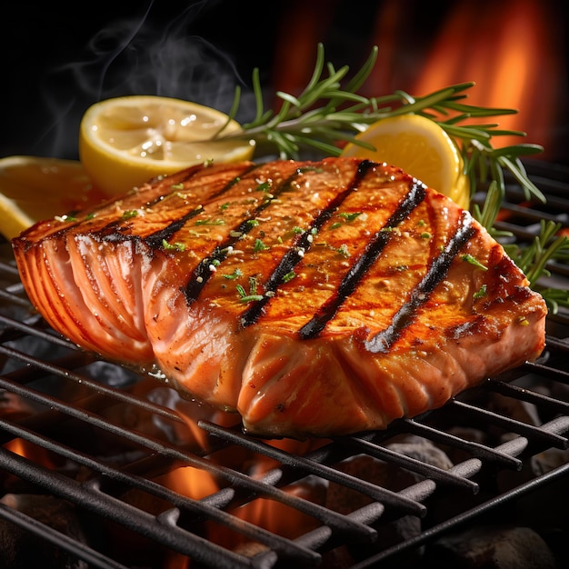 A salmon steak on a grill with lemons on the side.