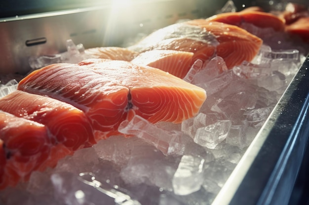 Foto bistecca di salmone su ghiaccio pesce raffreddato in un impianto di trasformazione del pesce ghiaccio e salmone filetti di pesce