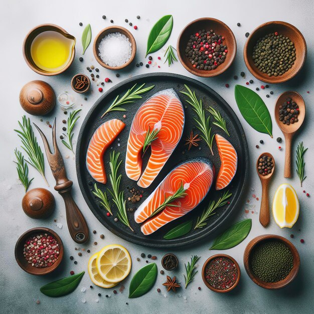 Salmon steak pattern conceptual salmon background flat lay composition