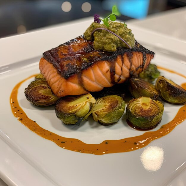 Salmon steak with brussels sprouts on a white plate