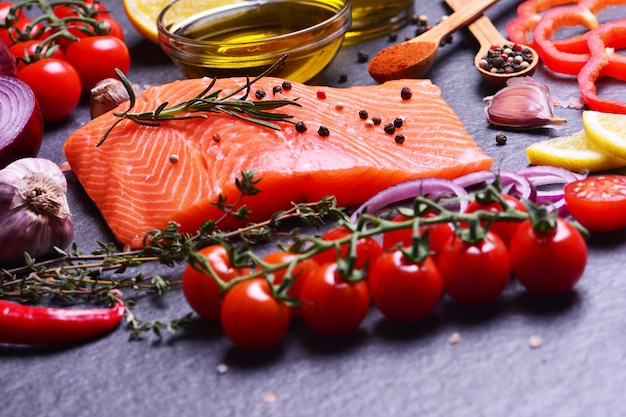 Salmon steak with natural spices and vegetables