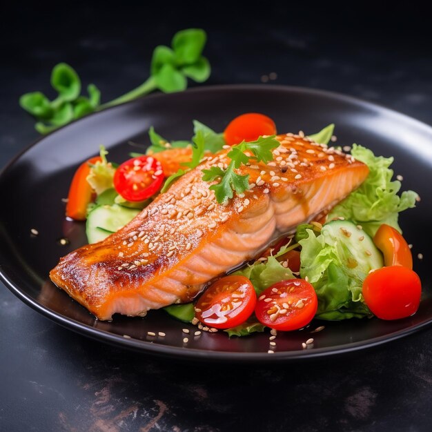 Salmon steak with salad and cherry tomatoes on a black plate
