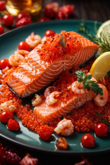 Foto bistecca di salmone con gamberetti e caviale rosso