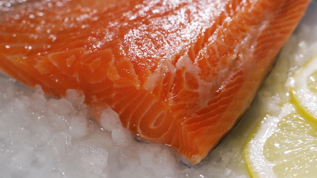 Salmon steaks and salmon fillet fresh salmon steaks and fillet are laid out on ice