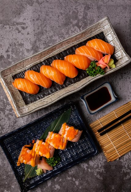 Salmon sushi on the board table