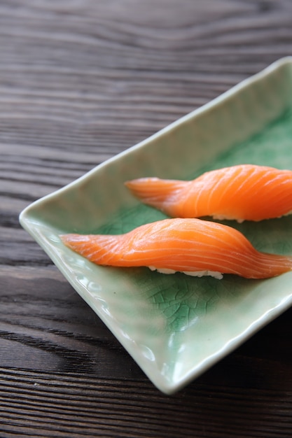 Salmon sushi Japanese food in close up