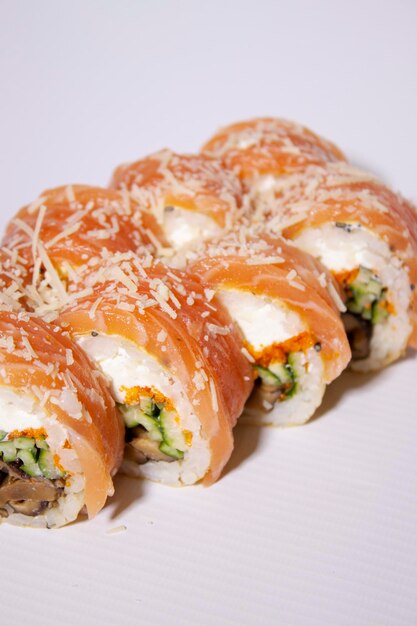 salmon sushi roll with mushroom cucumber and parmesan