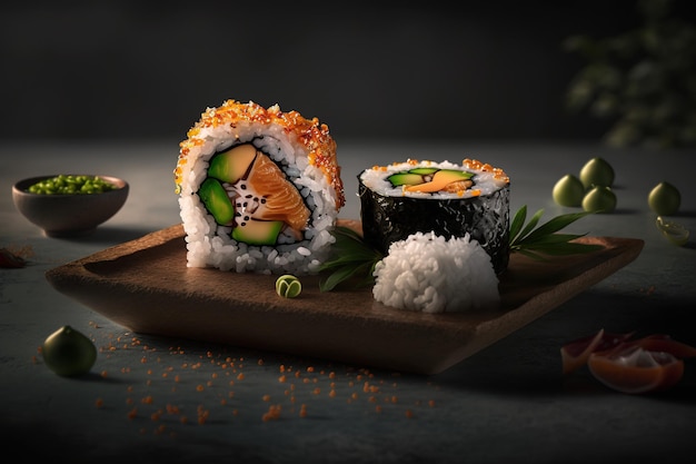 Salmon sushi rolls in dark background