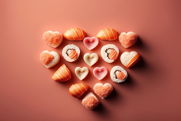 Salmon sushi rolls laid out in the shape of a heart on a pink background AI generation