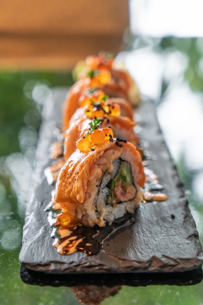 salmon sushi rolls with foie gras